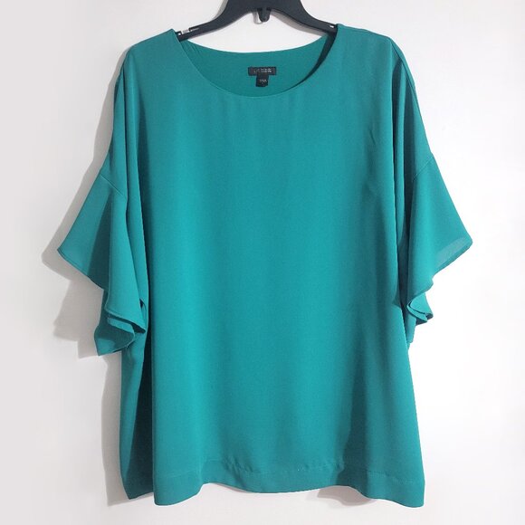 J Jill Wearever Womens Flounced Sleeve Woven Top Size L Green Round Neck Demure - Picture 1 of 13